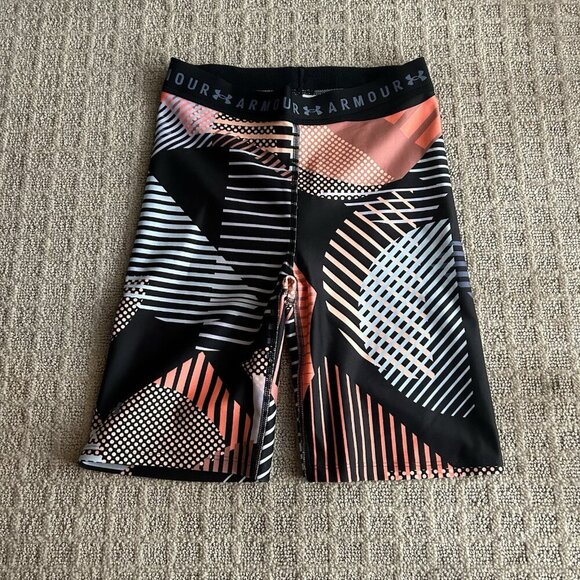 Under Armour Womens Small S Compression Spandex Bike Shorts Long Geometric Gym - Picture 1 of 7